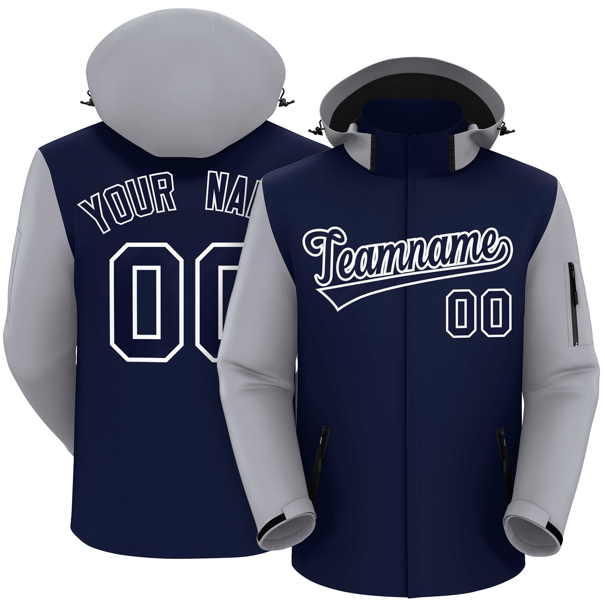 Custom Navy Gray-White Raglan Sleeves Waterproof Jacket