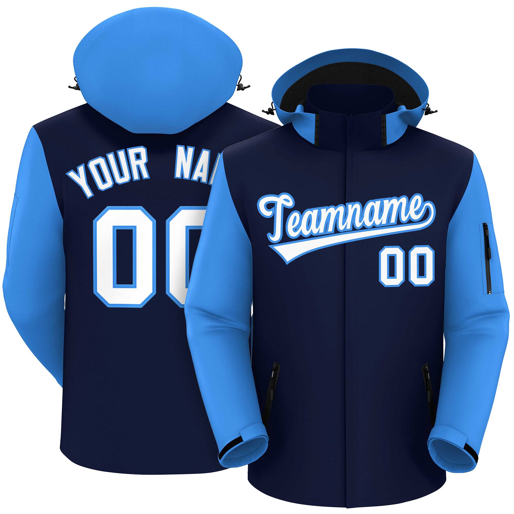 Custom Navy Powder Blue-White Raglan Sleeves Waterproof Jacket