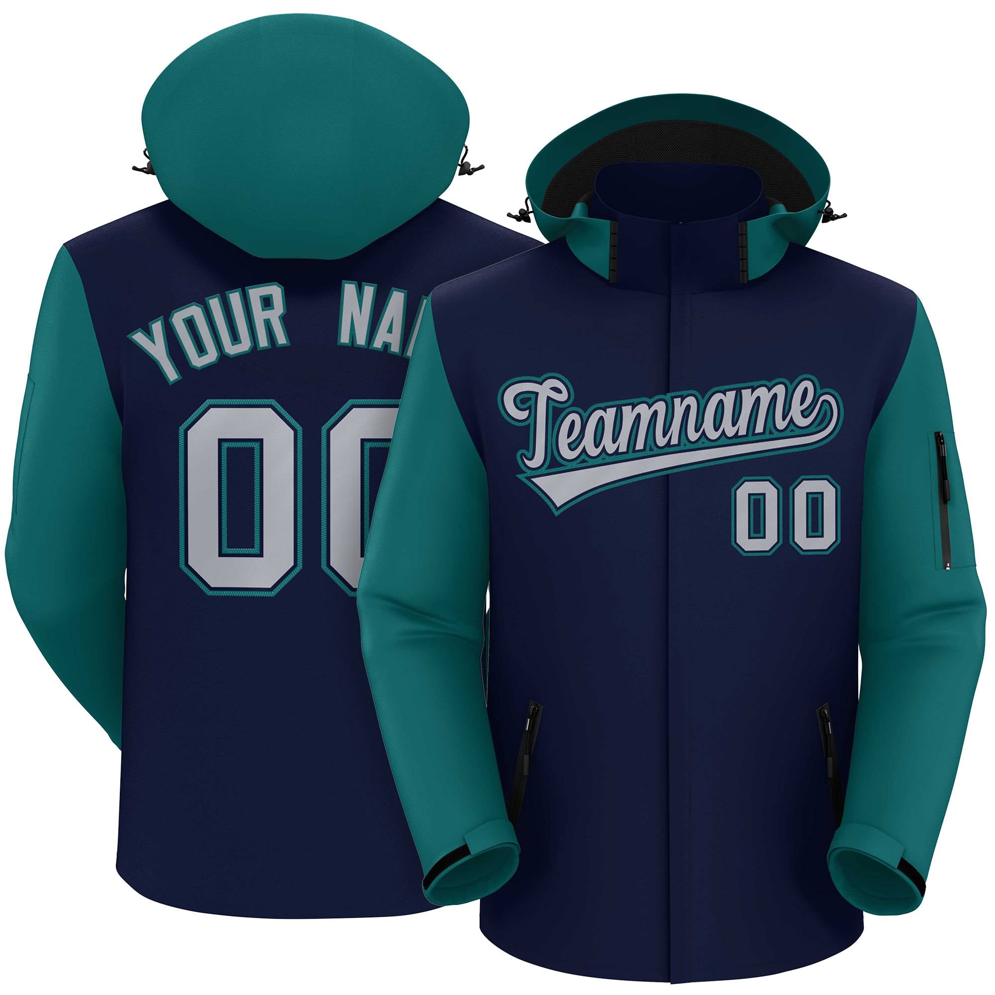 Custom Navy Teal-Gray Raglan Sleeves Waterproof Jacket