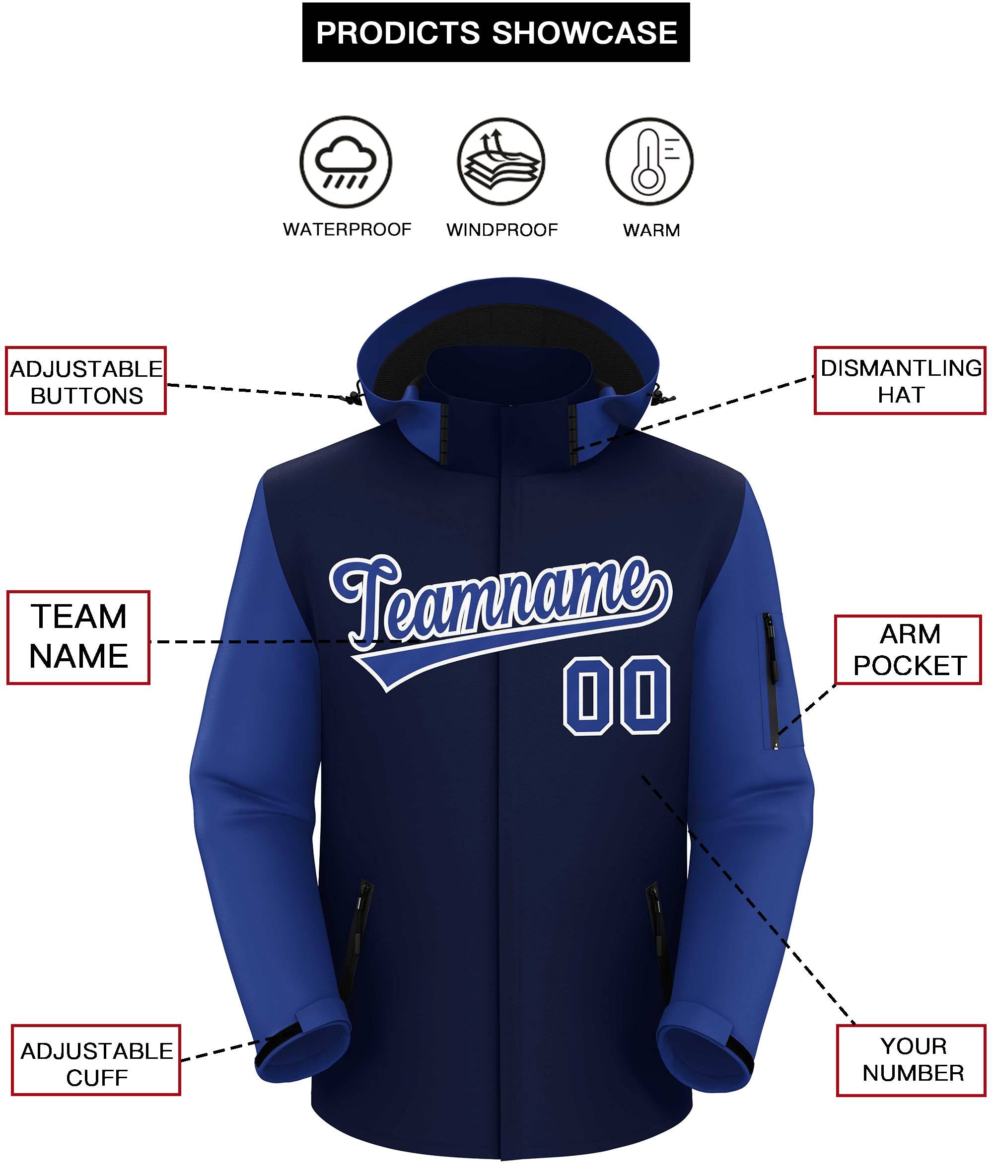 Custom Navy Royal-White Raglan Sleeves Waterproof Jacket