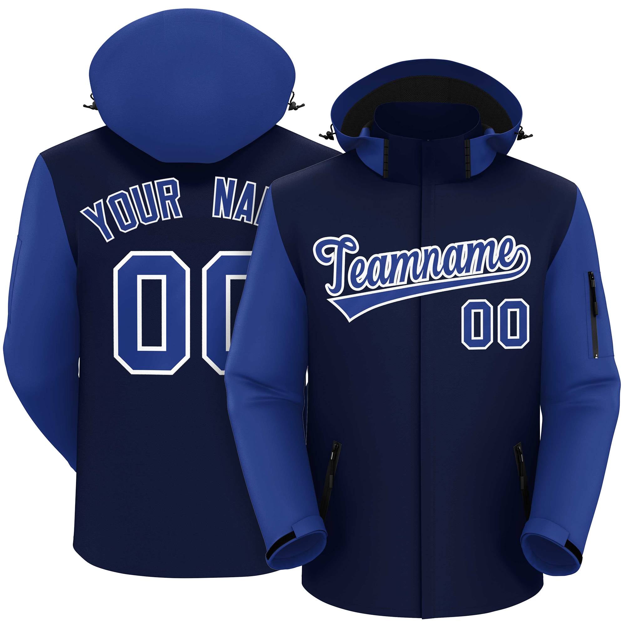 Custom Navy Royal-White Raglan Sleeves Waterproof Jacket