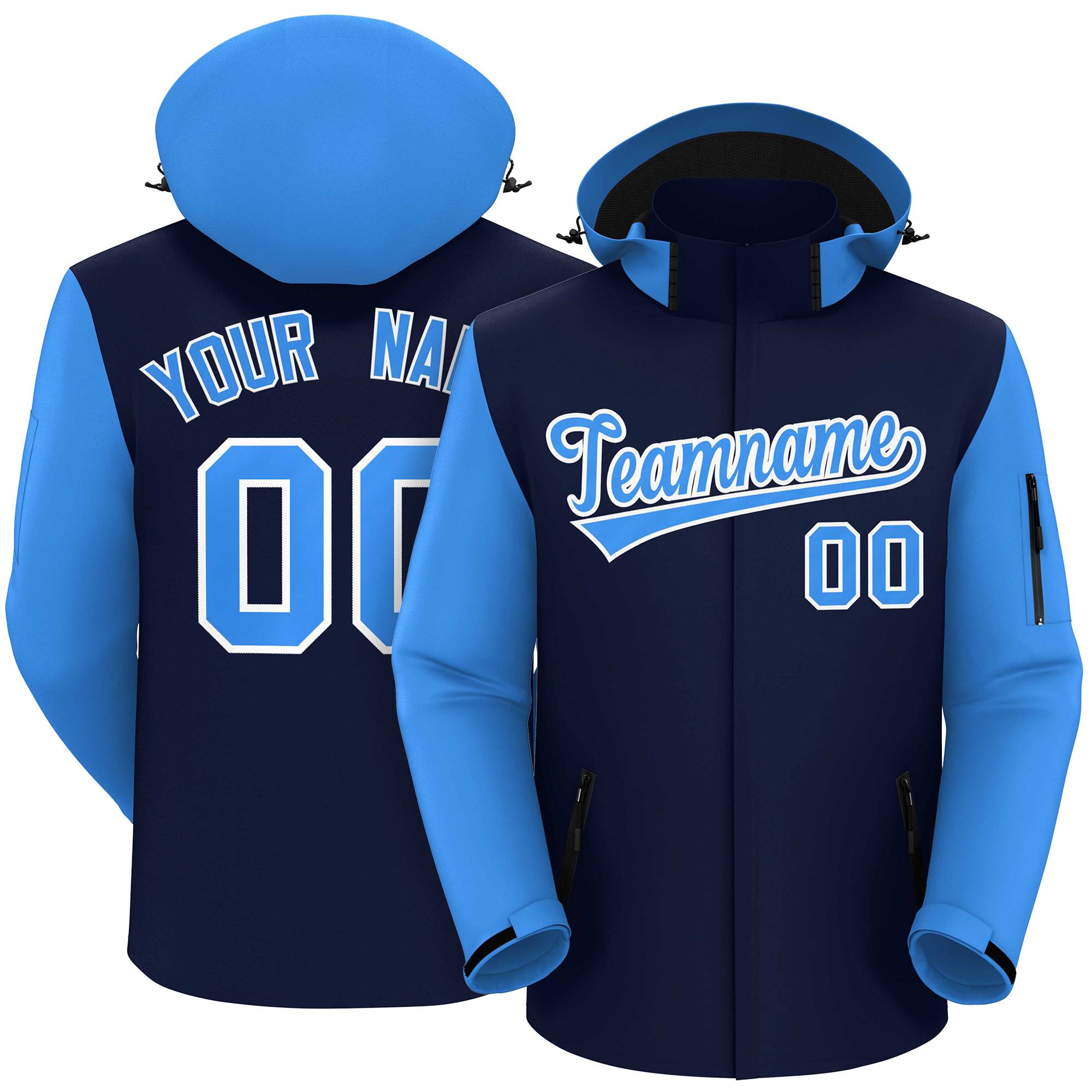 Custom Navy Powder Blue-White Raglan Sleeves Waterproof Jacket