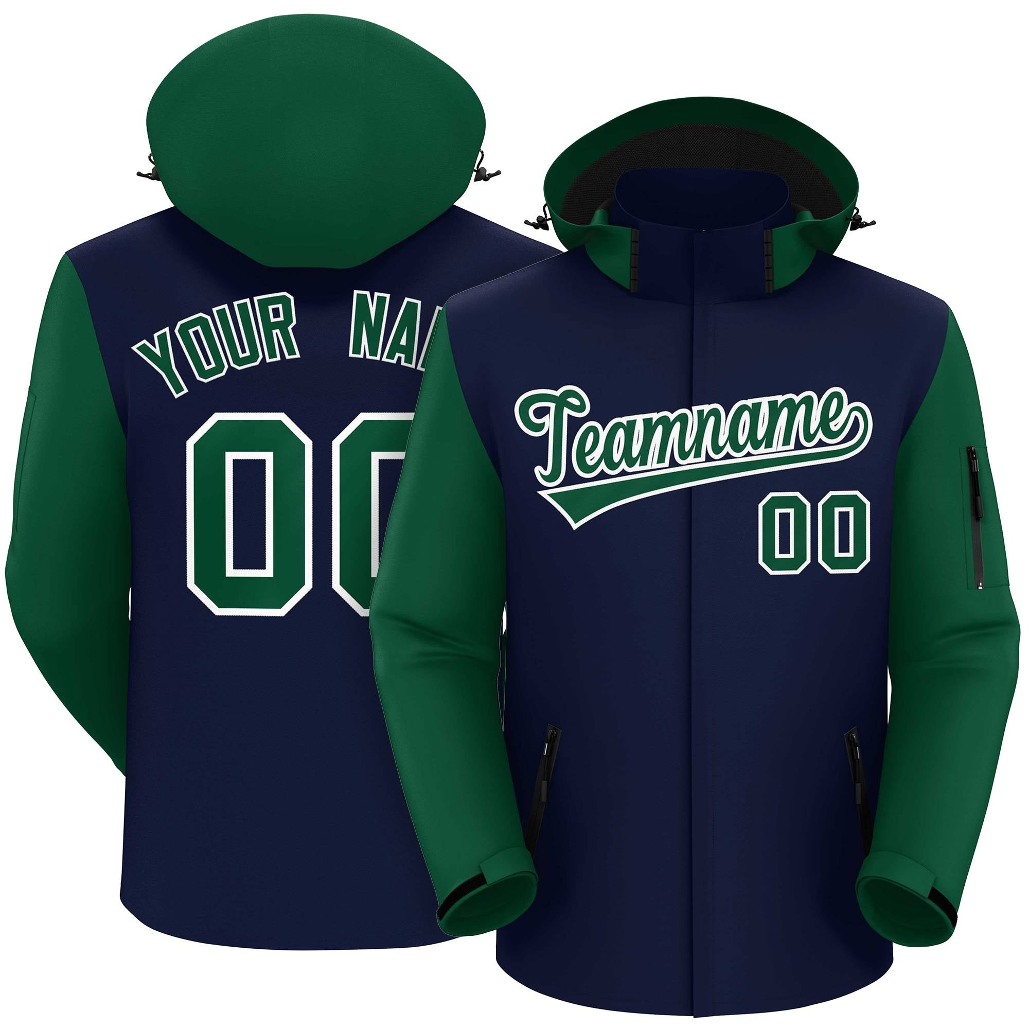 Custom Navy Green-White Raglan Sleeves Waterproof Jacket