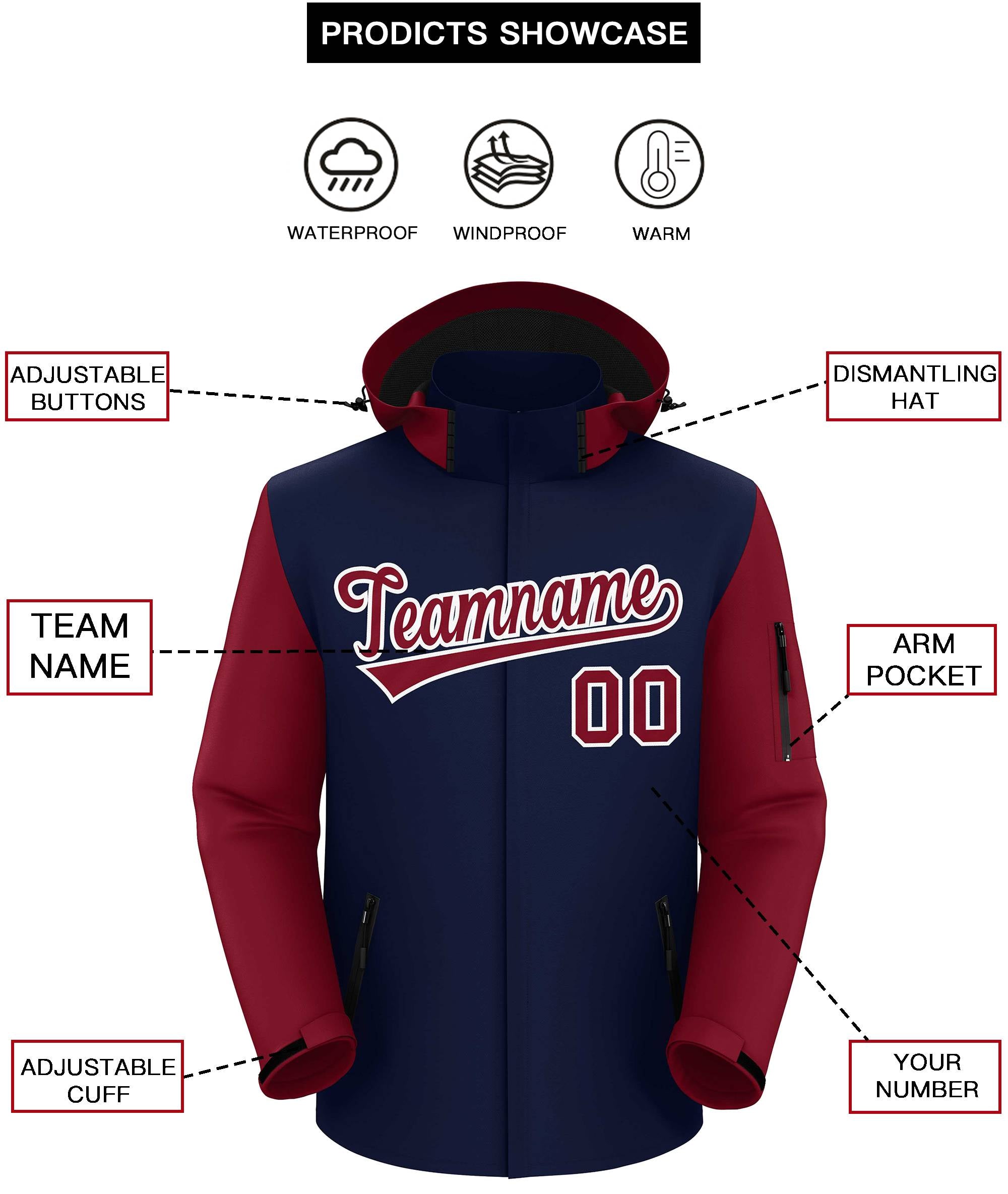 Custom Navy Crimson-White Raglan Sleeves Waterproof Jacket