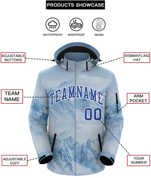 Custom Light Blue Royal-White Graffiti Pattern Outdoor Personalized Waterproof Jacket for Climbing