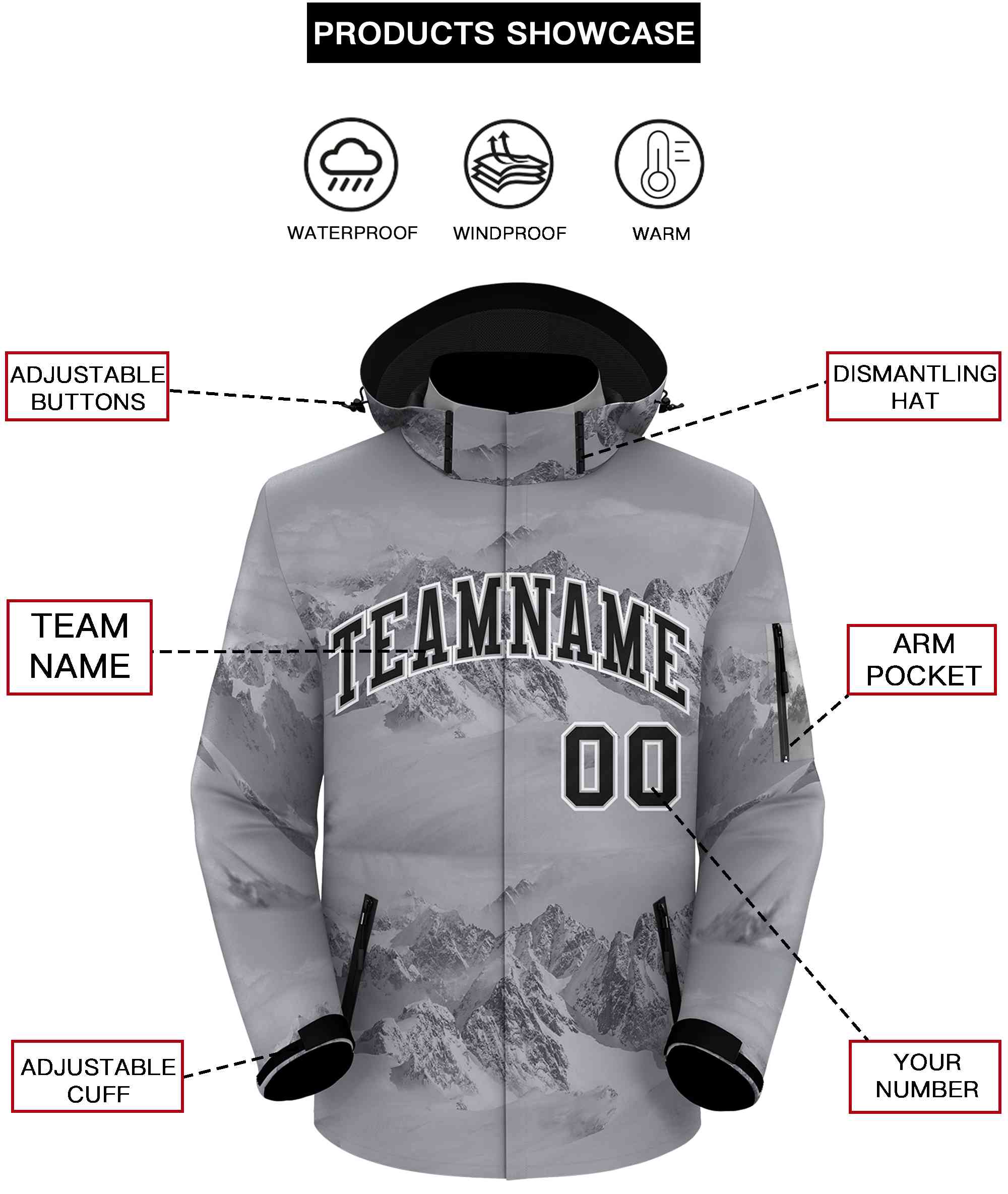 Custom Gray Black-White Graffiti Pattern Outdoor Personalized Waterproof Jacket for Climbing