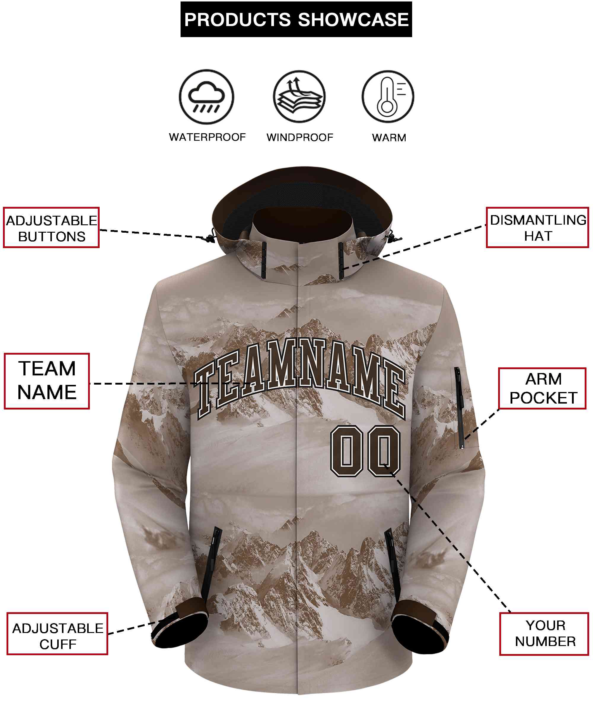 Custom Light Brown White-Black Graffiti Pattern Outdoor Personalized Waterproof Jacket for Climbing