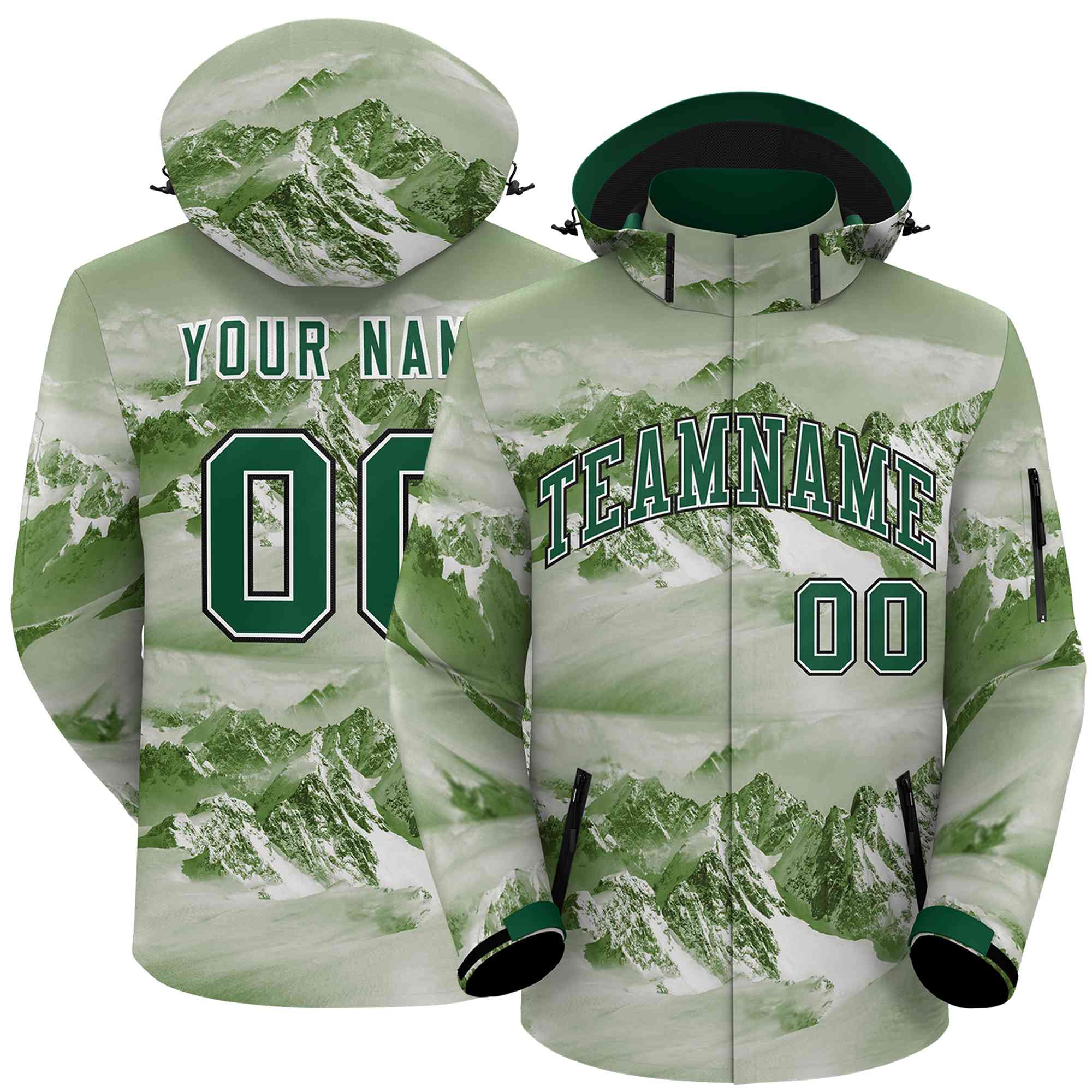 Custom Green White-Black Graffiti Pattern Outdoor Personalized Waterproof Jacket for Climbing