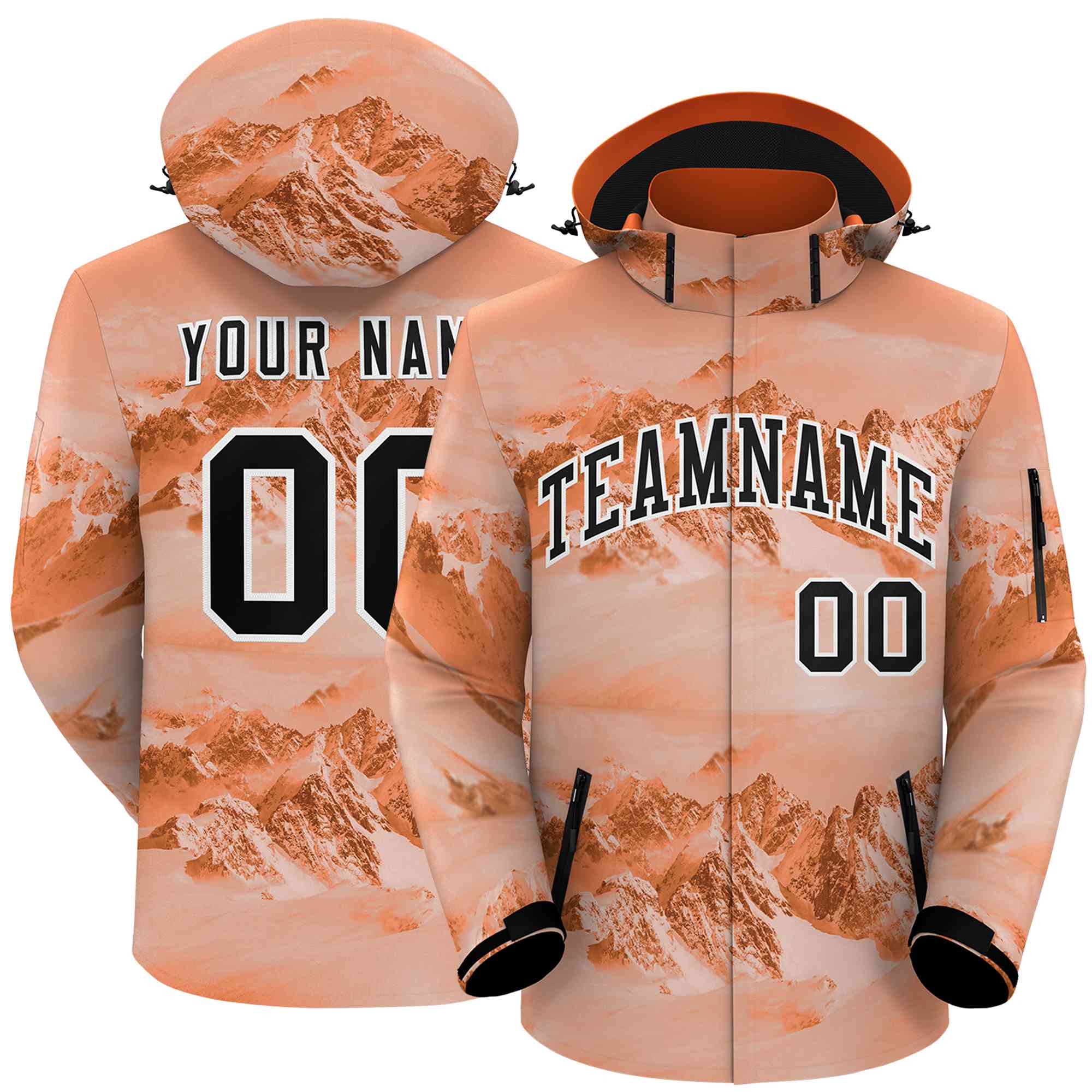 Custom Orange Black-White Graffiti Pattern Outdoor Personalized Waterproof Jacket for Climbing