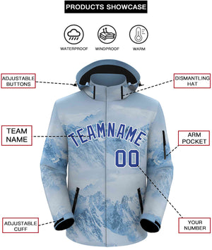 Custom Light Blue Royal-White Graffiti Pattern Outdoor Personalized Waterproof Jacket for Climbing