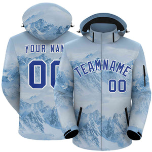 Custom Light Blue Royal-White Graffiti Pattern Outdoor Personalized Waterproof Jacket for Climbing