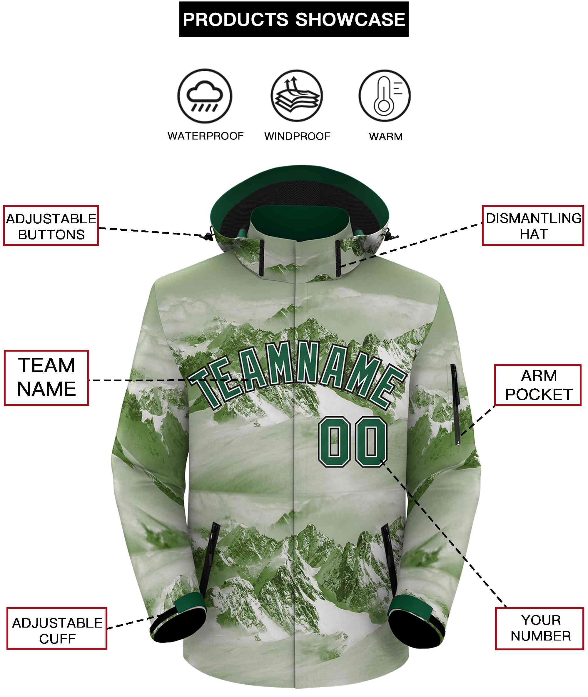 Custom Green White-Black Graffiti Pattern Outdoor Personalized Waterproof Jacket for Climbing