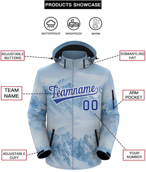 Custom Light Blue Royal-White Graffiti Pattern Outdoor Personalized Waterproof Jacket for Climbing