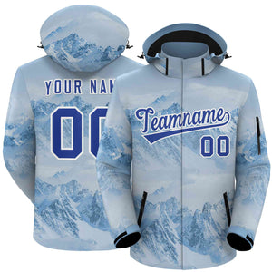 Custom Light Blue Royal-White Graffiti Pattern Outdoor Personalized Waterproof Jacket for Climbing