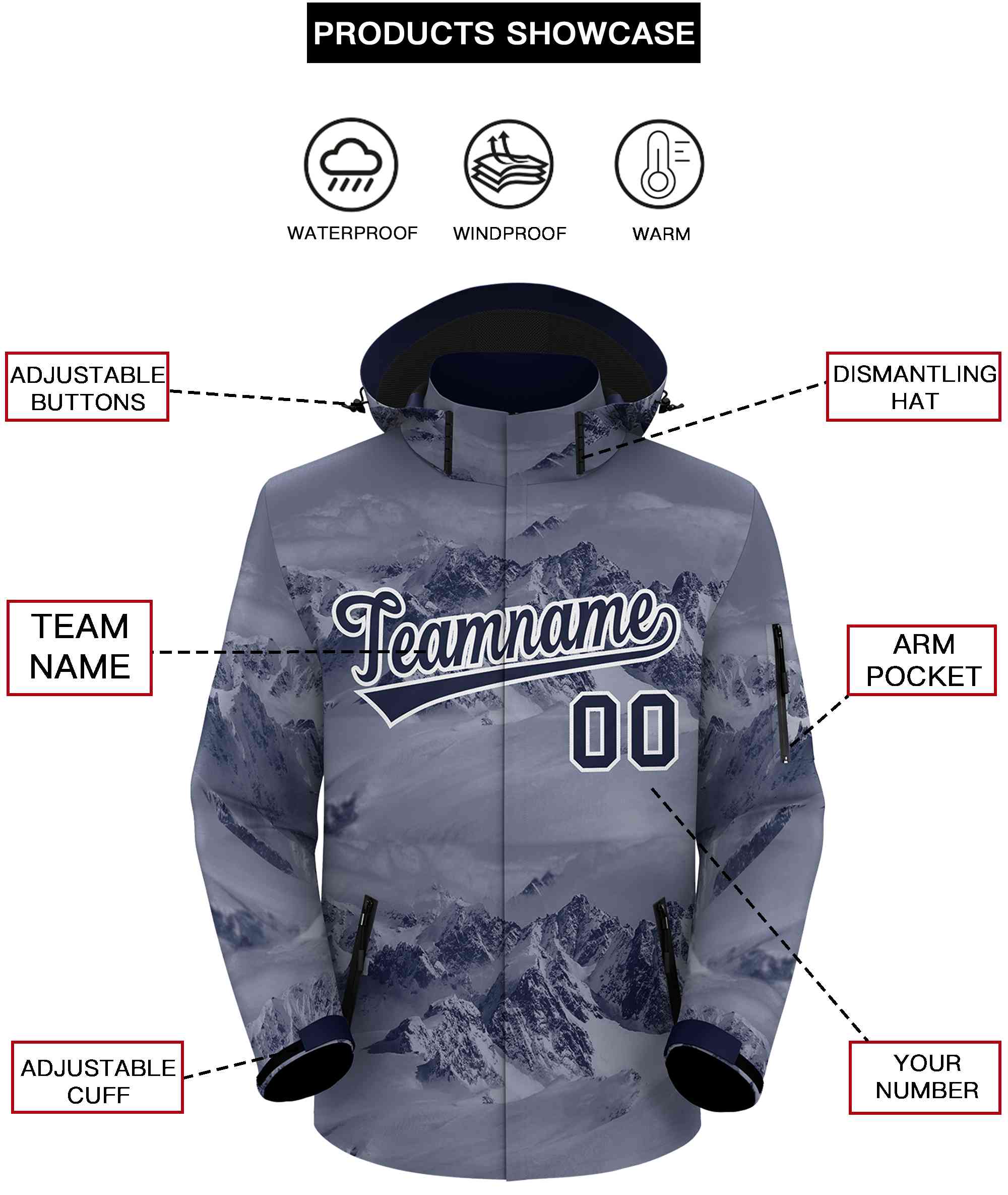 Custom Navy White Graffiti Pattern Outdoor Personalized Waterproof Jacket for Climbing