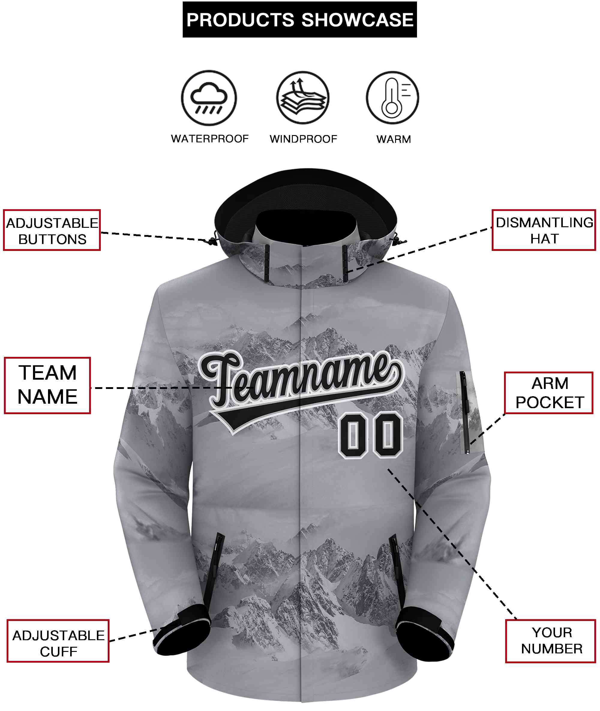 Custom Gray Black-White Graffiti Pattern Outdoor Personalized Waterproof Jacket for Climbing