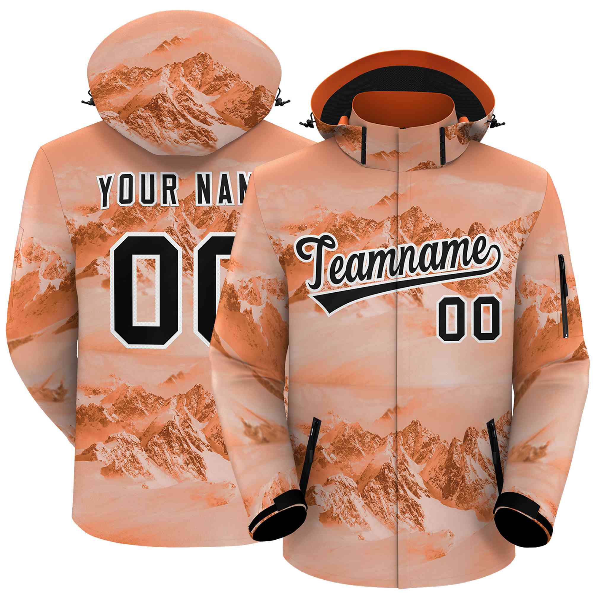 Custom Orange Black-White Graffiti Pattern Outdoor Personalized Waterproof Jacket for Climbing