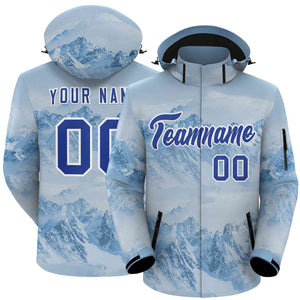 Custom Light Blue Royal-White Graffiti Pattern Outdoor Personalized Waterproof Jacket for Climbing