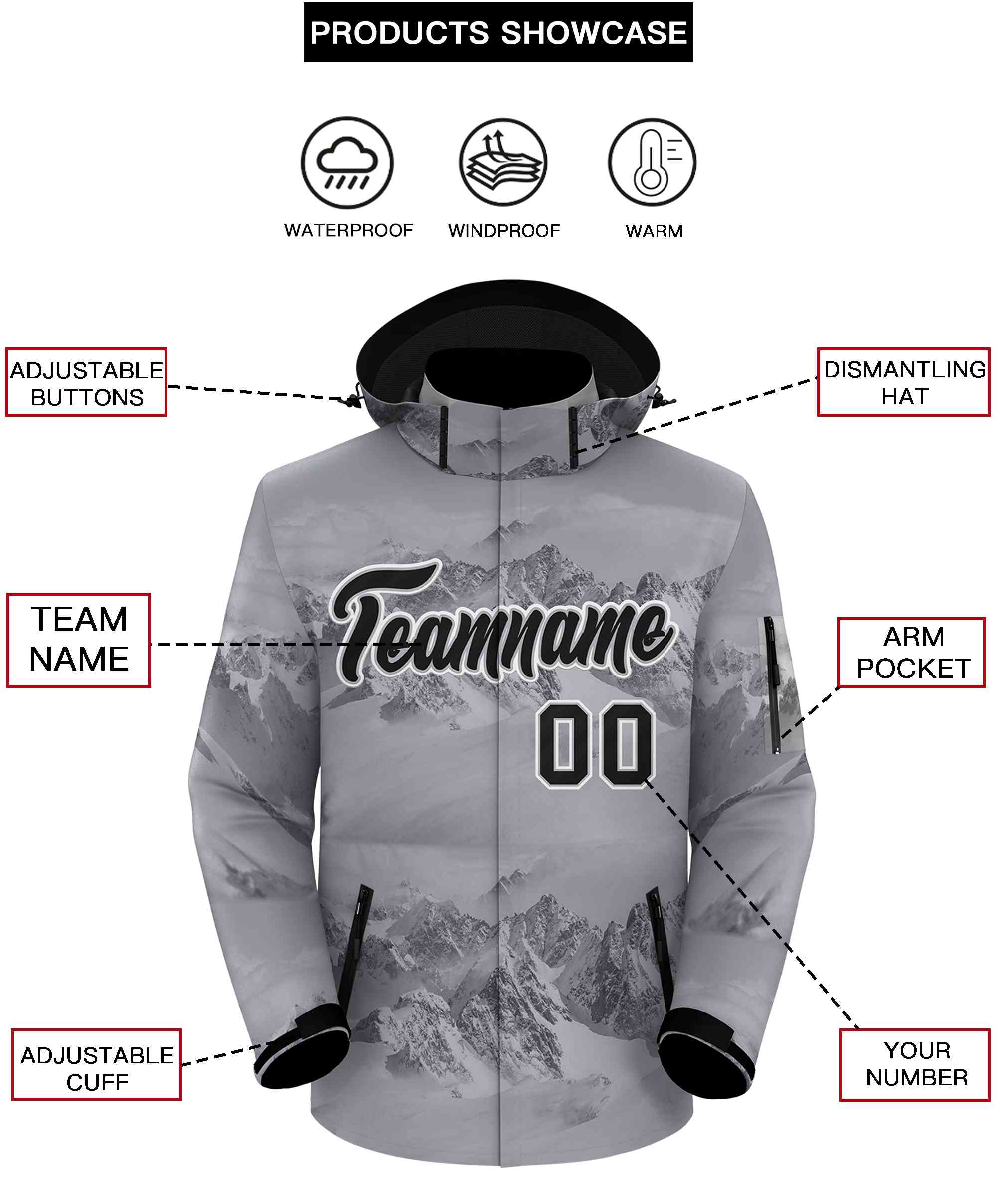 Custom Gray Black-White Graffiti Pattern Outdoor Personalized Waterproof Jacket for Climbing