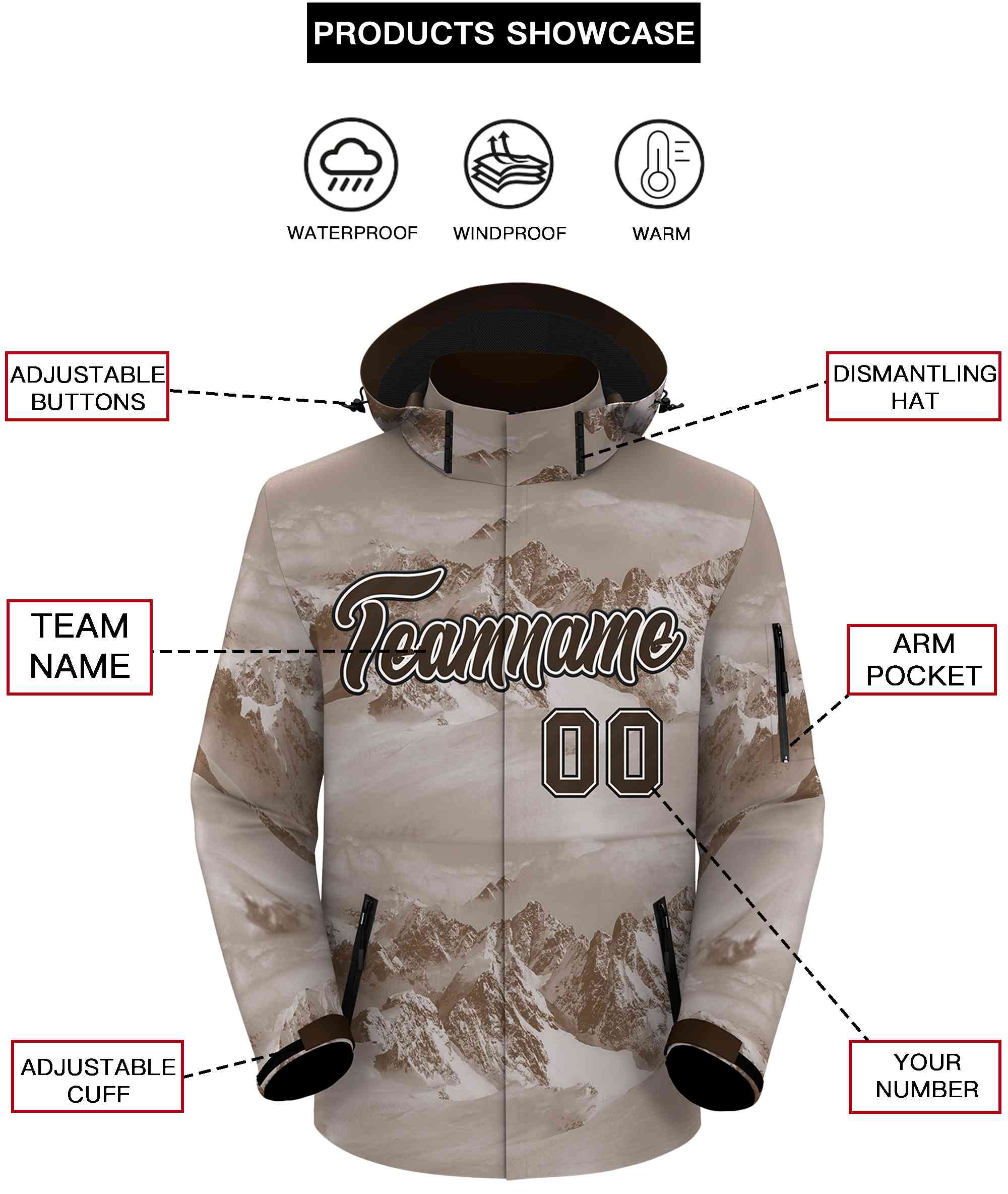 Custom Light Brown White-Black Graffiti Pattern Outdoor Personalized Waterproof Jacket for Climbing