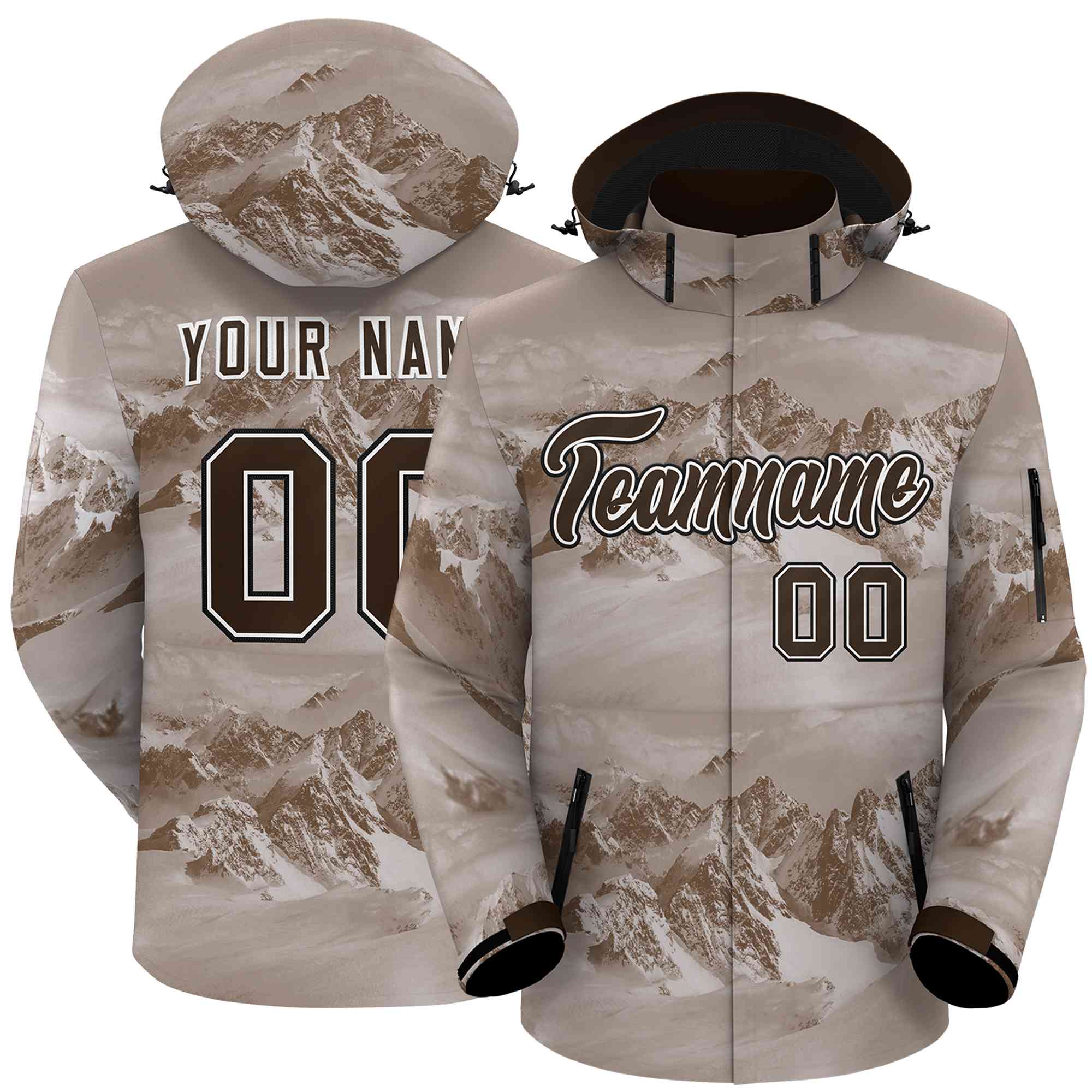 Custom Light Brown White-Black Graffiti Pattern Outdoor Personalized Waterproof Jacket for Climbing