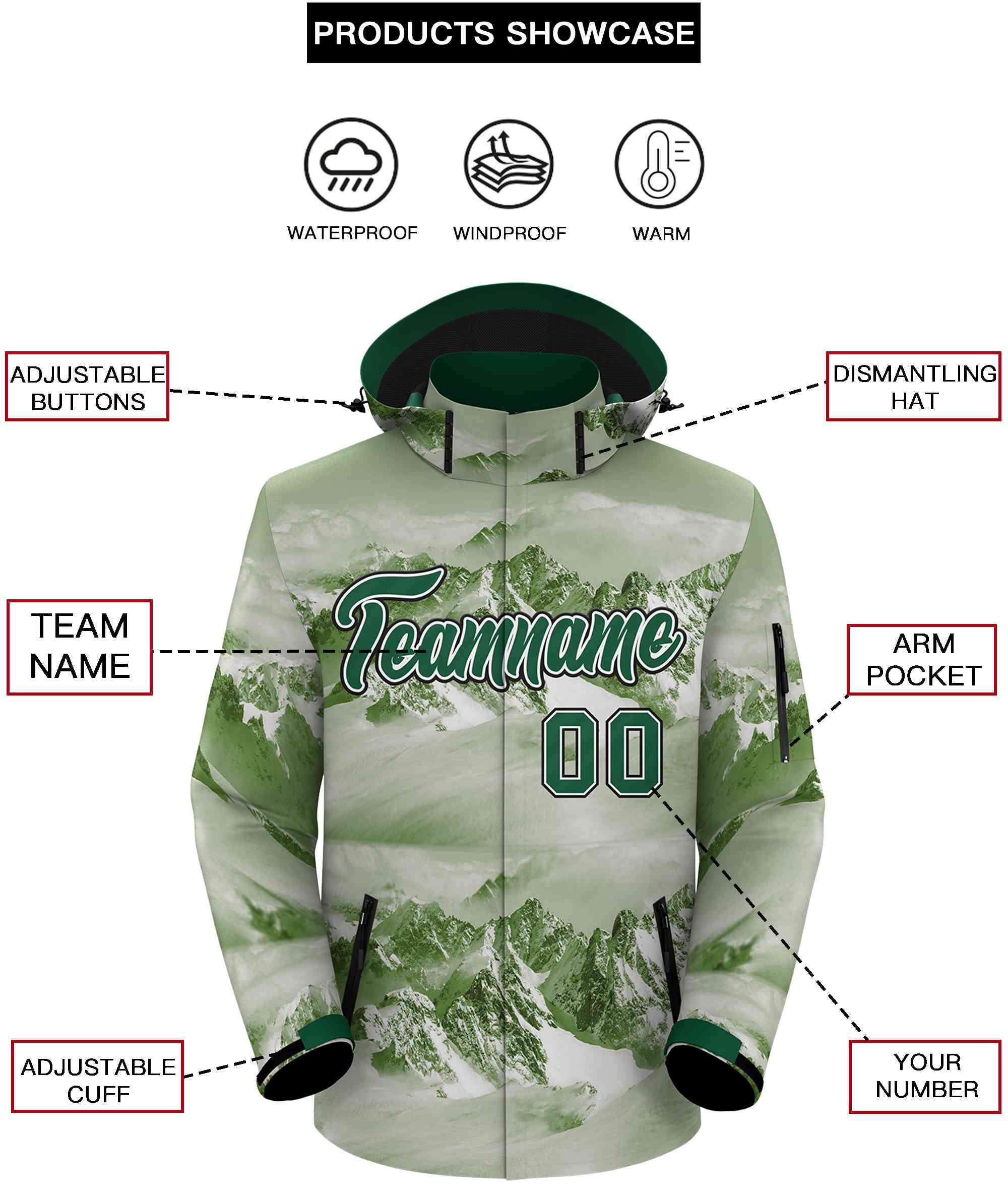 Custom Green White-Black Graffiti Pattern Outdoor Personalized Waterproof Jacket for Climbing