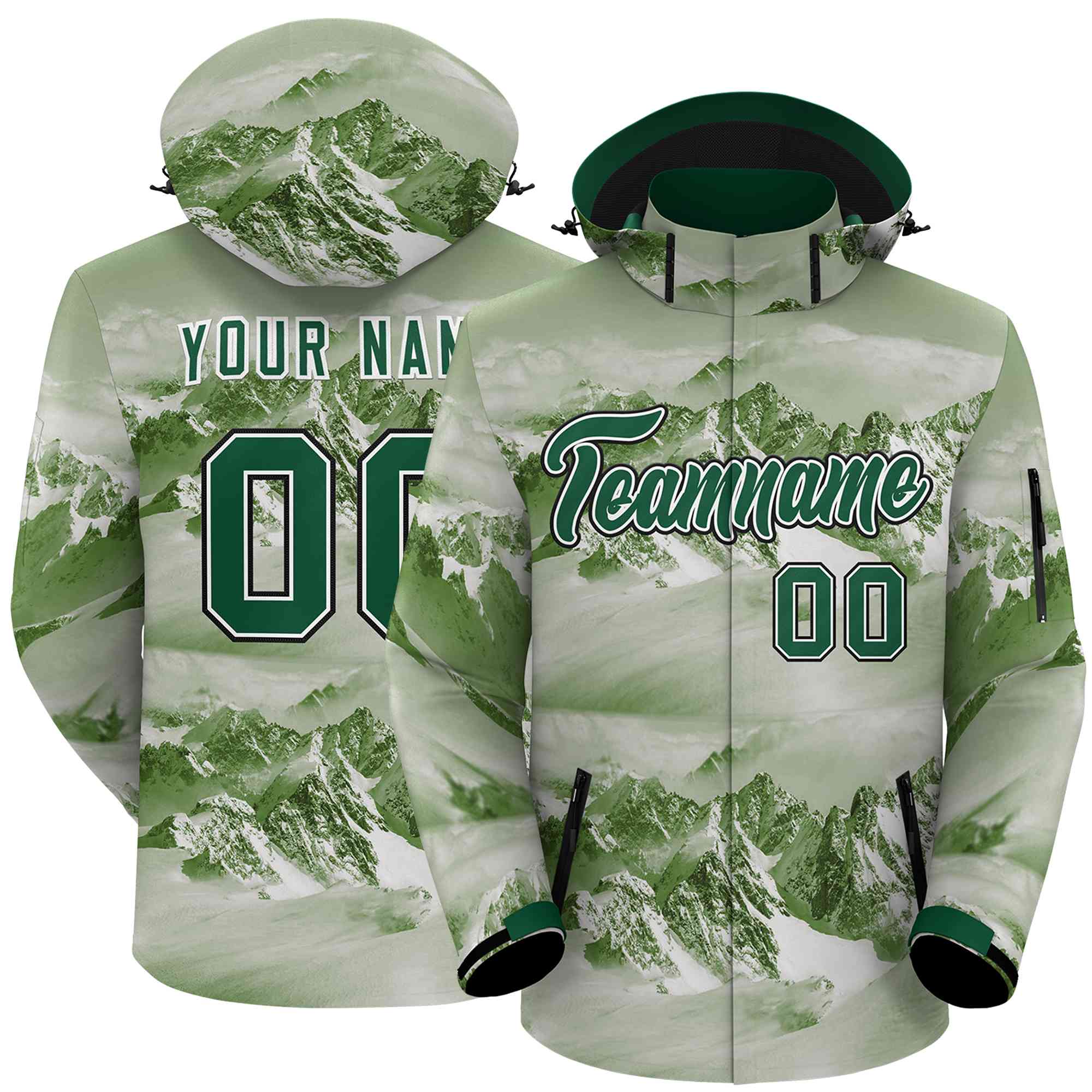 Custom Green White-Black Graffiti Pattern Outdoor Personalized Waterproof Jacket for Climbing