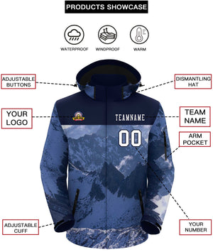 Custom Navy White Snow Mountain Graffiti Pattern Personalized Outdoor Hooded Waterproof Jacket