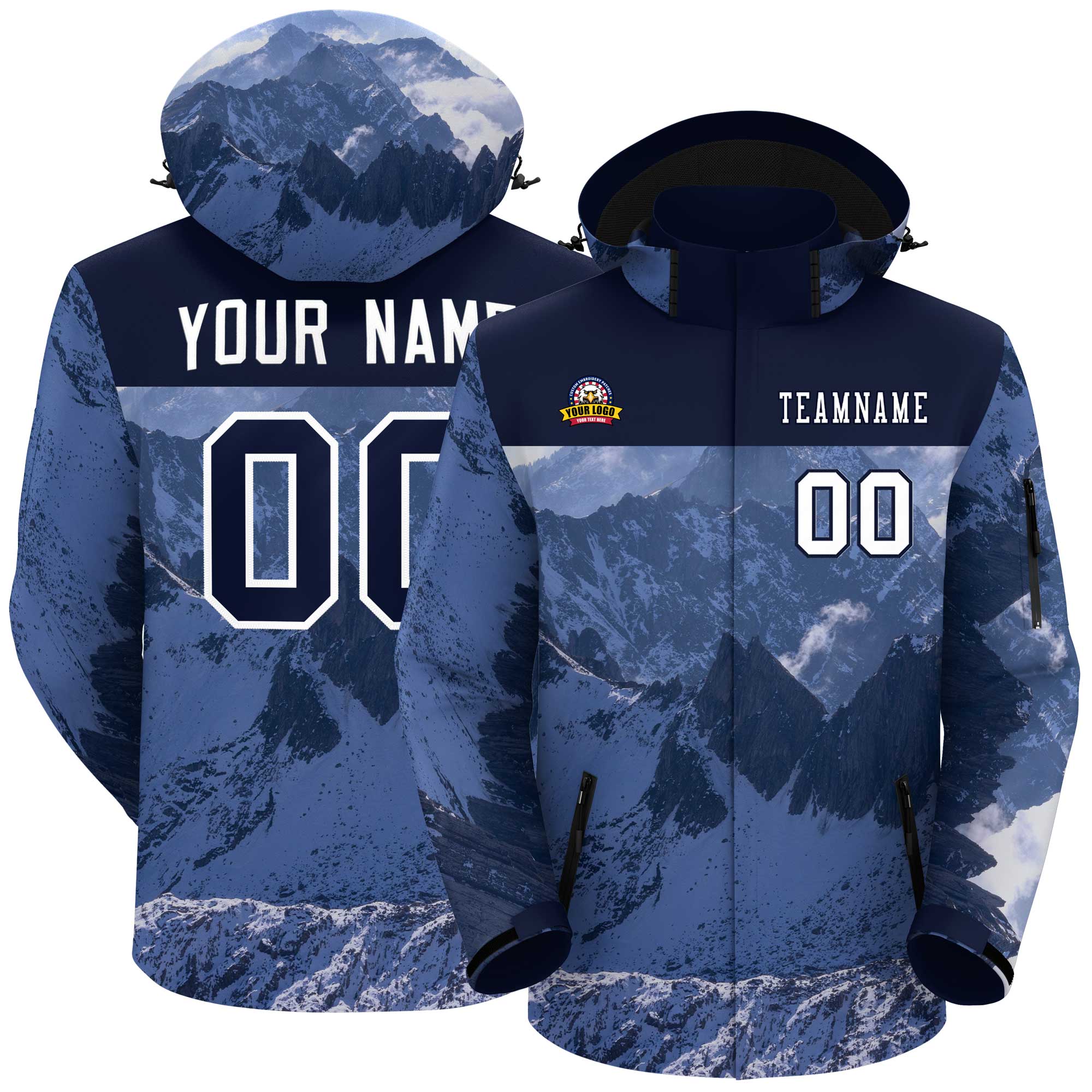 Custom Navy White Snow Mountain Graffiti Pattern Personalized Outdoor Hooded Waterproof Jacket