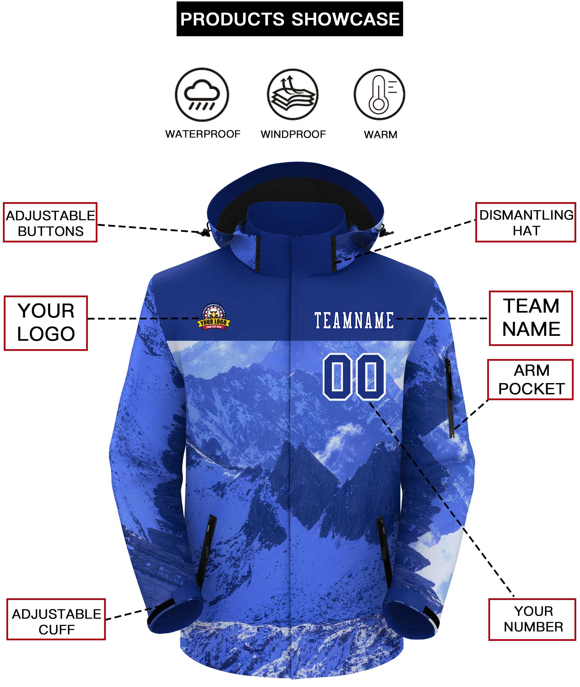 Custom Royal White Snow Mountain Graffiti Pattern Personalized Outdoor Hooded Waterproof Jacket