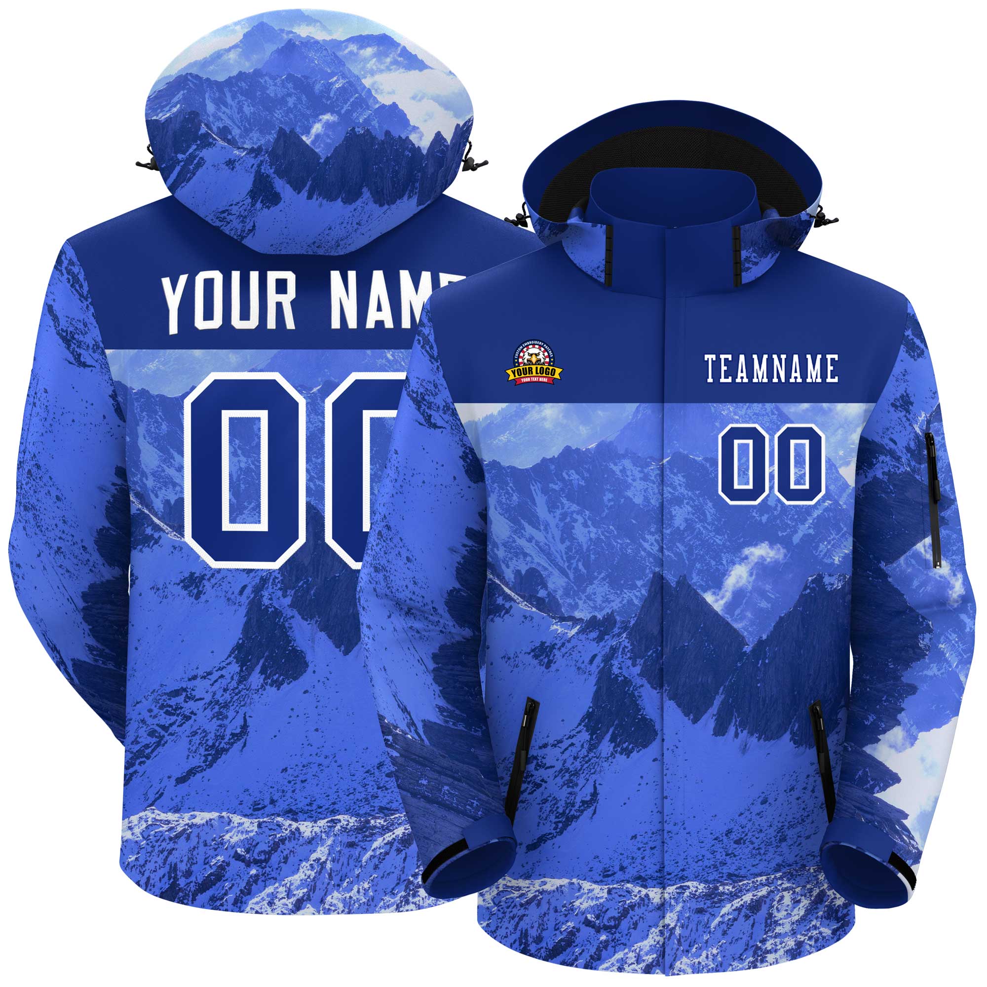 Custom Royal White Snow Mountain Graffiti Pattern Personalized Outdoor Hooded Waterproof Jacket