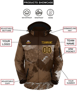 Custom Brown Gold Snow Mountain Graffiti Pattern Personalized Outdoor Hooded Waterproof Jacket