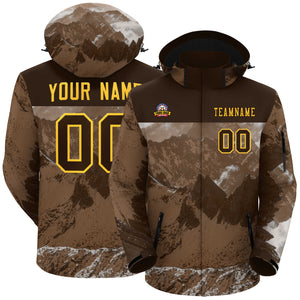 Custom Brown Gold Snow Mountain Graffiti Pattern Personalized Outdoor Hooded Waterproof Jacket