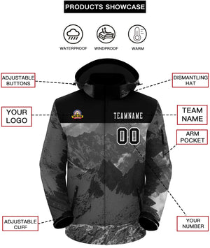 Custom Black White Snow Mountain Graffiti Pattern Personalized Outdoor Hooded Waterproof Jacket