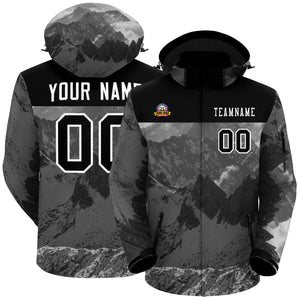 Custom Black White Snow Mountain Graffiti Pattern Personalized Outdoor Hooded Waterproof Jacket