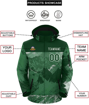 Custom Green White Snow Mountain Graffiti Pattern Personalized Outdoor Hooded Waterproof Jacket