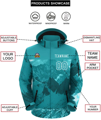 Custom Aqua White Snow Mountain Graffiti Pattern Personalized Outdoor Hooded Waterproof Jacket