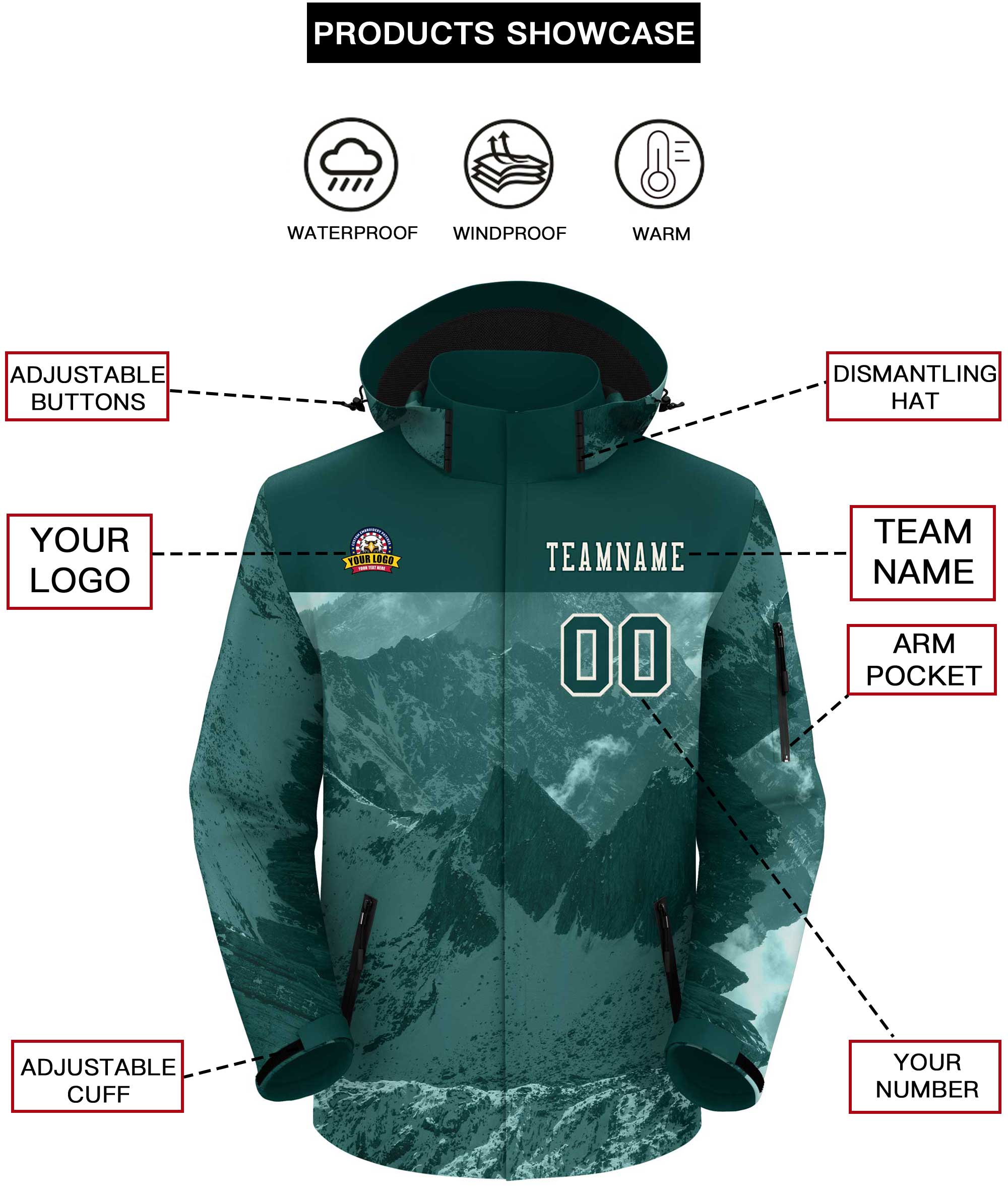 Custom Midnight Green Cream Snow Mountain Graffiti Pattern Personalized Outdoor Hooded Waterproof Jacket