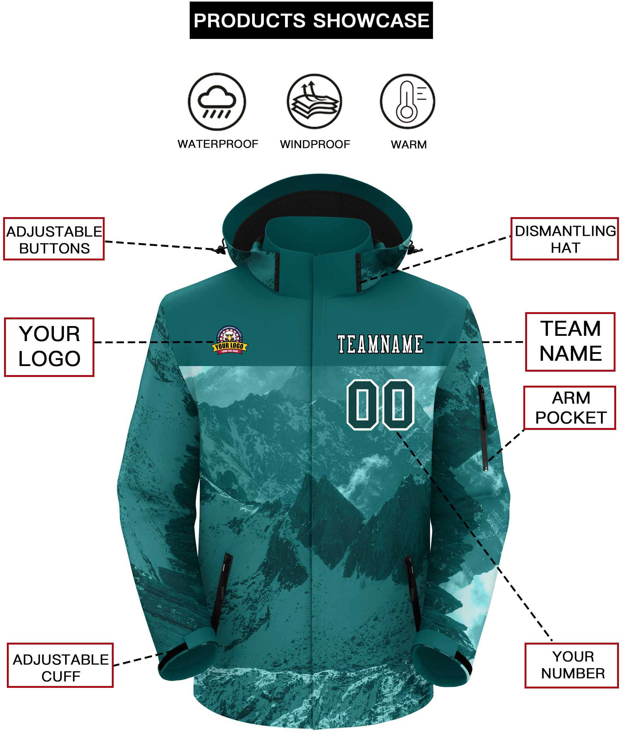 Custom Aqua White Snow Mountain Graffiti Pattern Personalized Outdoor Hooded Waterproof Jacket