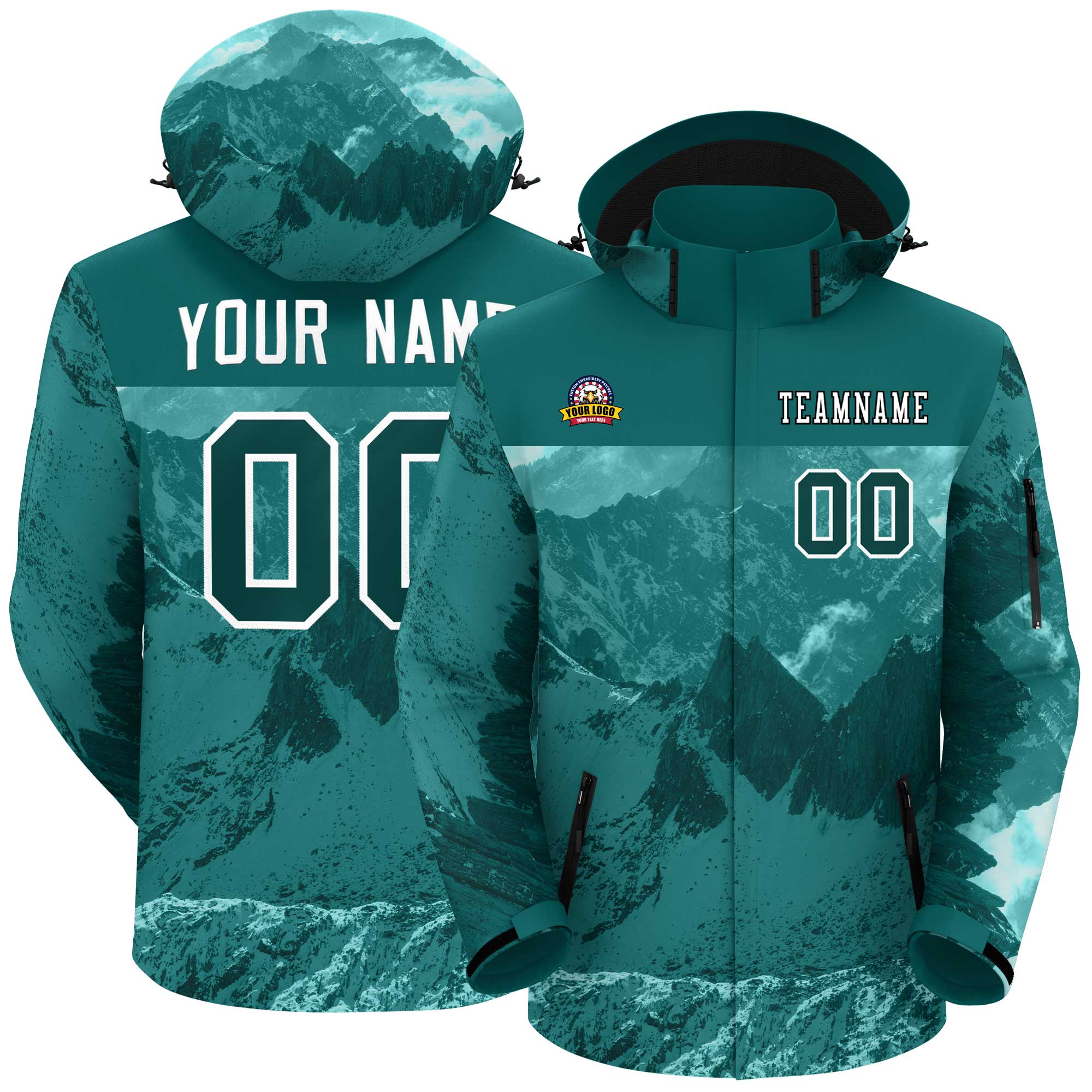 Custom Aqua White Snow Mountain Graffiti Pattern Personalized Outdoor Hooded Waterproof Jacket