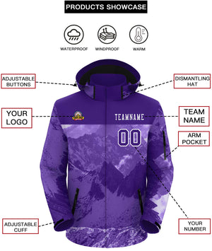 Custom Purple White Snow Mountain Graffiti Pattern Personalized Outdoor Hooded Waterproof Jacket