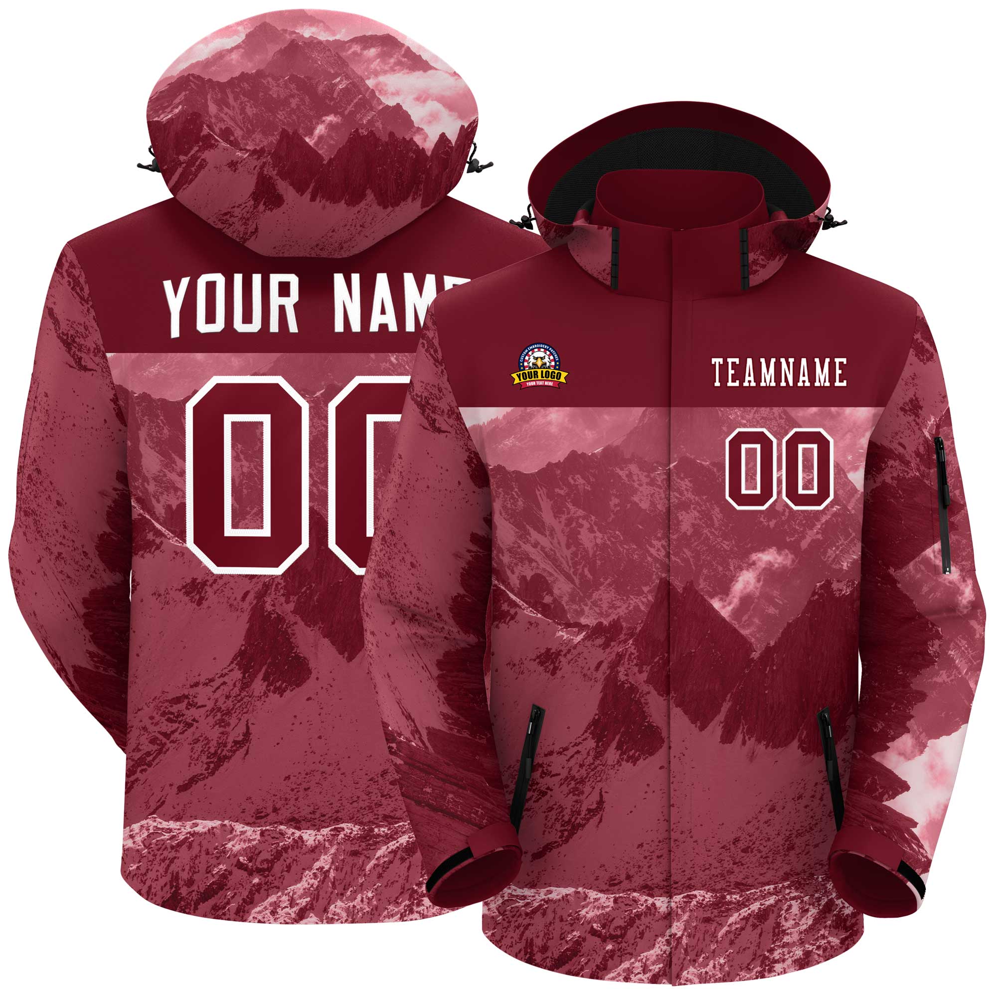 Custom Crimson White Snow Mountain Graffiti Pattern Personalized Outdoor Hooded Waterproof Jacket