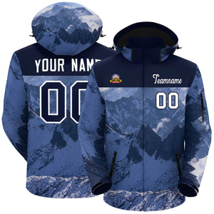 Custom Navy White Snow Mountain Graffiti Pattern Personalized Outdoor Hooded Waterproof Jacket