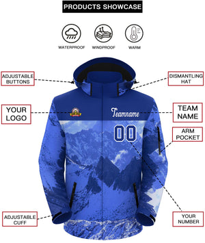 Custom Royal White Snow Mountain Graffiti Pattern Personalized Outdoor Hooded Waterproof Jacket