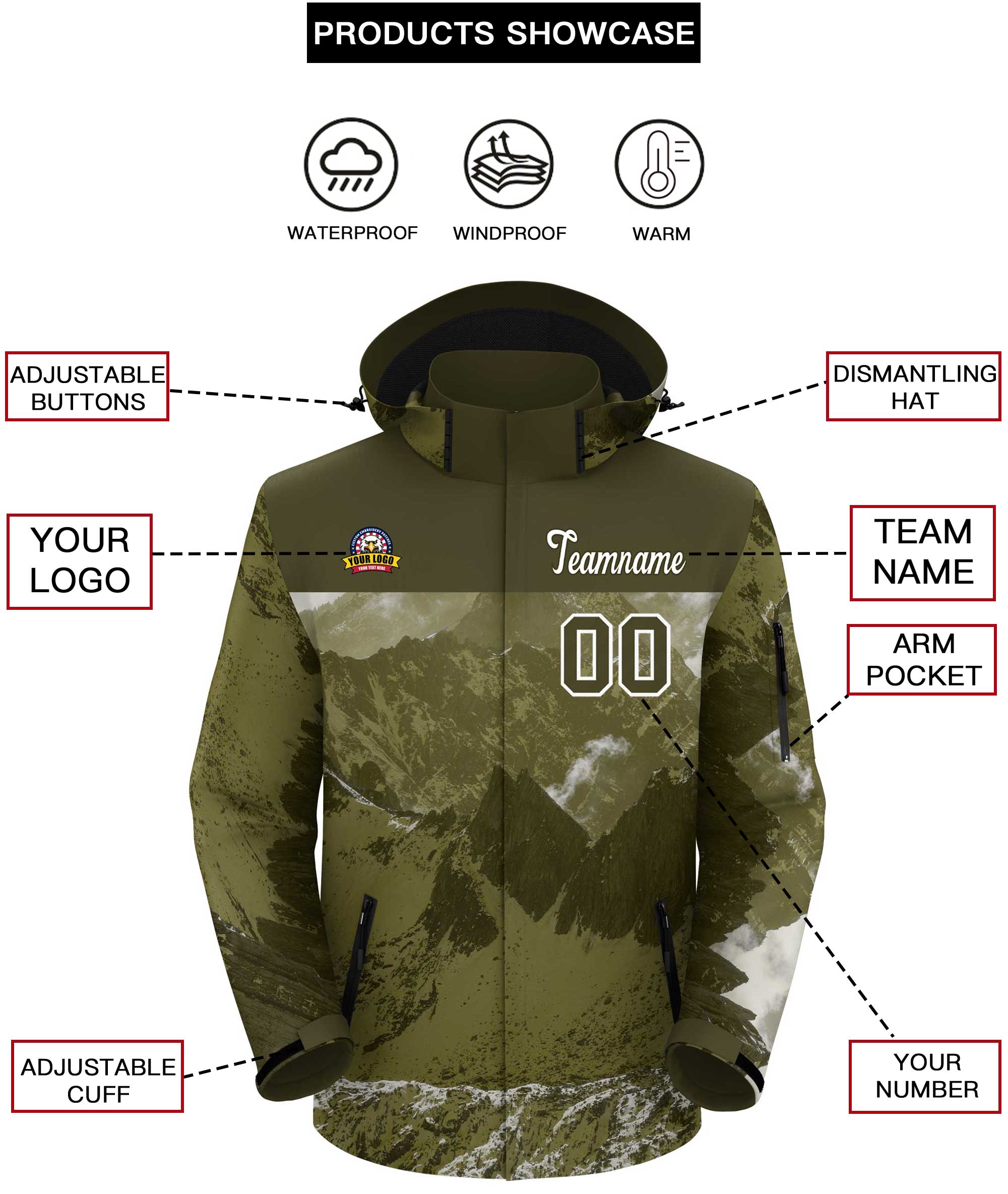 Custom Olive White Snow Mountain Graffiti Pattern Personalized Outdoor Hooded Waterproof Jacket