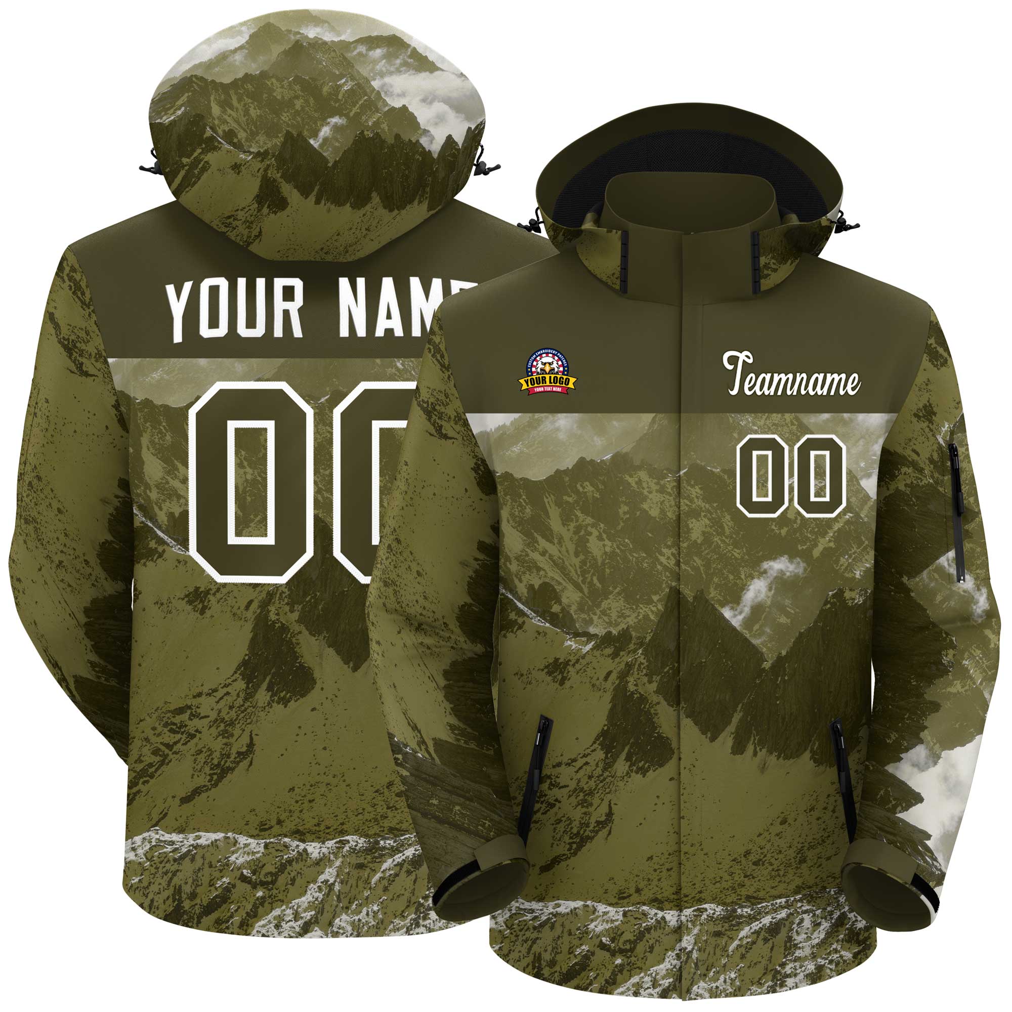 Custom Olive White Snow Mountain Graffiti Pattern Personalized Outdoor Hooded Waterproof Jacket