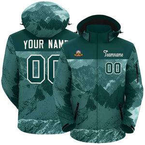 Custom Midnight Green Cream Snow Mountain Graffiti Pattern Personalized Outdoor Hooded Waterproof Jacket