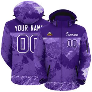 Custom Purple White Snow Mountain Graffiti Pattern Personalized Outdoor Hooded Waterproof Jacket