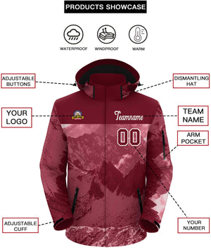 Custom Crimson White Snow Mountain Graffiti Pattern Personalized Outdoor Hooded Waterproof Jacket