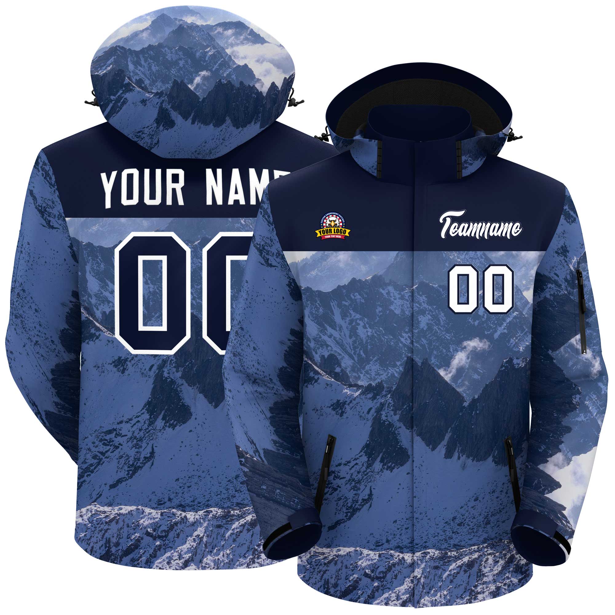 Custom Navy White Snow Mountain Graffiti Pattern Personalized Outdoor Hooded Waterproof Jacket